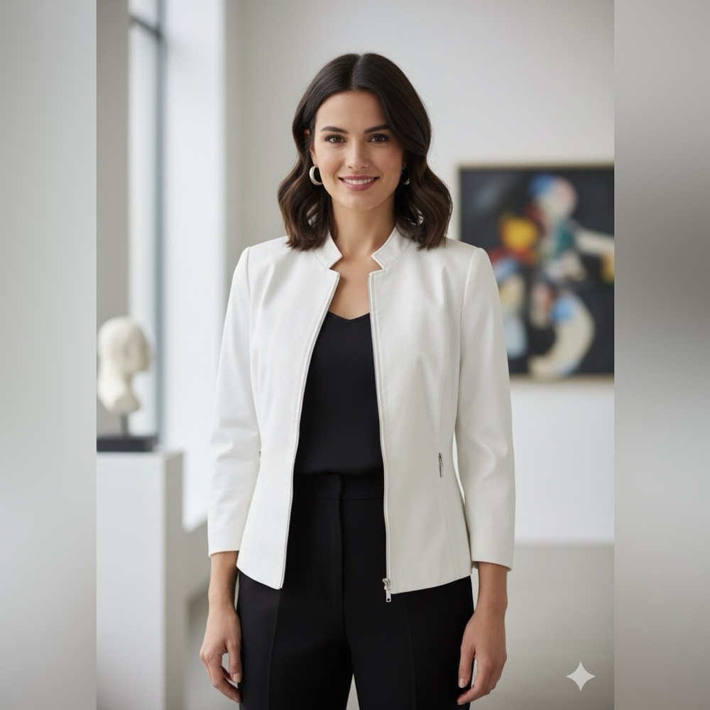 Tahari by Arthur S. Levine White Zip Front Jacket Sz  10 Structured Cotton Blend